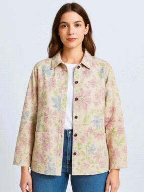 Womens Sz L Field Utility Jean Jacket Oatmeal Floral Tapestry Button Up Boho